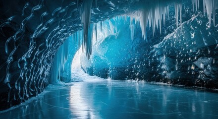 Stunning Ice Cave Interior with Icicles and Reflective Ice Floor
