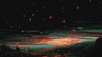 Pixelated night sky with glitch art horizon