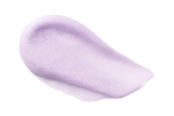 Soft lavender cosmetic smear spreading across transparent surface, displaying delicate creamy texture with light foamy consistency
