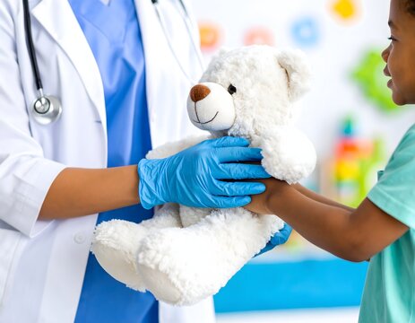 Compassionate pediatrician giving a comforting white teddy bear to a young child patient during a hospital visit