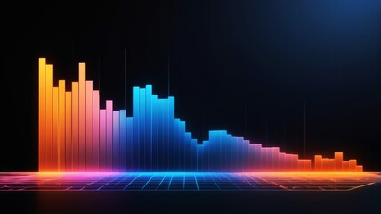 Abstract financial data equalizer with blue cityscape and growing bar chart.
