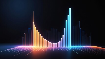 Abstract financial data equalizer with blue cityscape and growing bar chart.