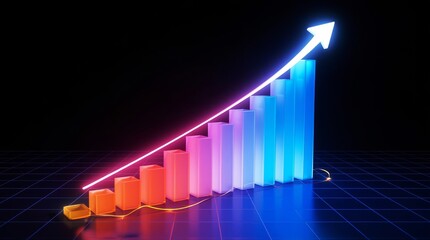 A 3D business graph with a rising arrow illustrates financial growth and market success on a black background.