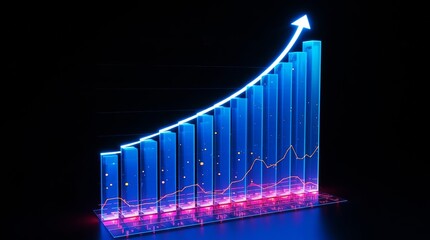 A 3D business graph with a rising arrow illustrates financial growth and market success on a black background.
