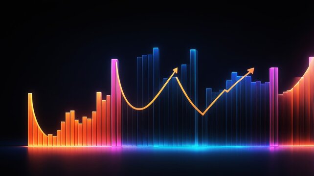 Abstract financial data equalizer with blue cityscape and growing bar chart. - Powered by Adobe