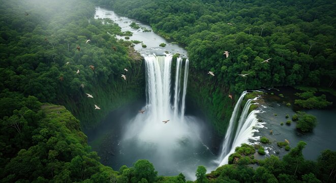 Aerial view of a massive waterfall in a lush green rainforest with birds flying
