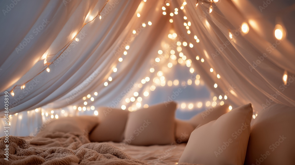 Poster cozy winter lifestyle setting with soft pillows and warm blanket under draped fabric and glowing str