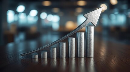 A dynamic 3D business graph with an arrow shows financial market growth and success.