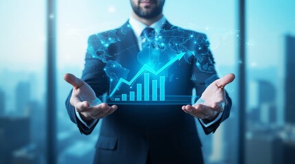 Business man's hand pushing a global network icon on a digital touchscreen.