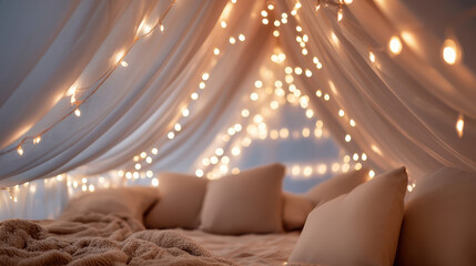 Cozy winter lifestyle setting with soft pillows and warm blanket under draped fabric and glowing string lights creating peaceful and inviting atmosphere indoors