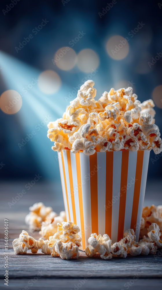 Poster popcorn in striped container on wooden table with soft light and bokeh background creating cozy wint