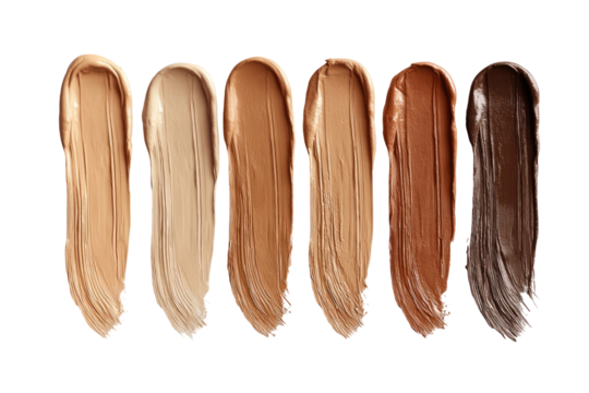 Foundation shades in varying tones.  Multiple swatches of foundation,  light to dark, on a black background.  Each shade has a smooth,  creamy texture