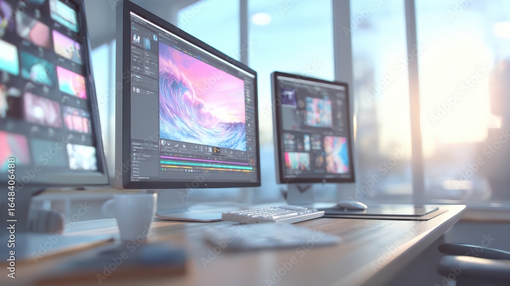 Poster a bright workspace featuring dual monitors displaying vibrant graphics, with a clean desk setup and 