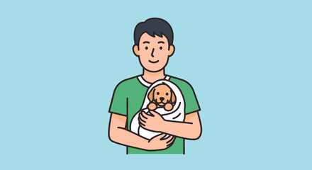 Heartwarming Illustration of a Young Man Holding a Cute Wrapped Puppy, Perfect for Pet Care Promotions, Social Media Posts, Family-oriented Campaigns, and Animal Adoption Campaigns