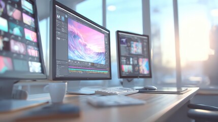 Fototapeta premium A bright workspace featuring dual monitors displaying vibrant graphics, with a clean desk setup and soft natural light streaming through the window.