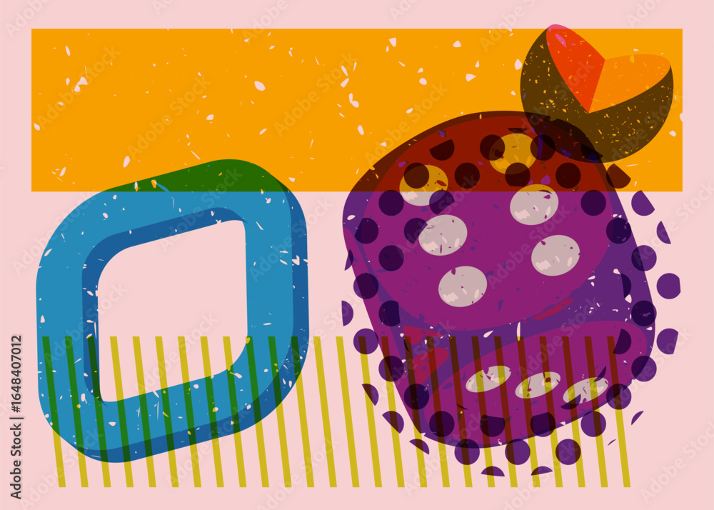 Poster risograph dice with geometric shapes. objects in trendy riso graph print texture style design with g