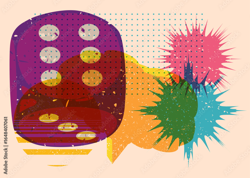 Poster risograph dice with geometric shapes. objects in trendy riso graph print texture style design with g