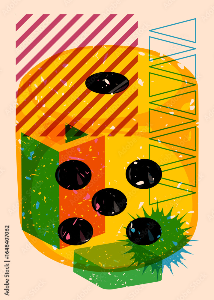 Poster risograph dice with geometric shapes. objects in trendy riso graph print texture style design with g
