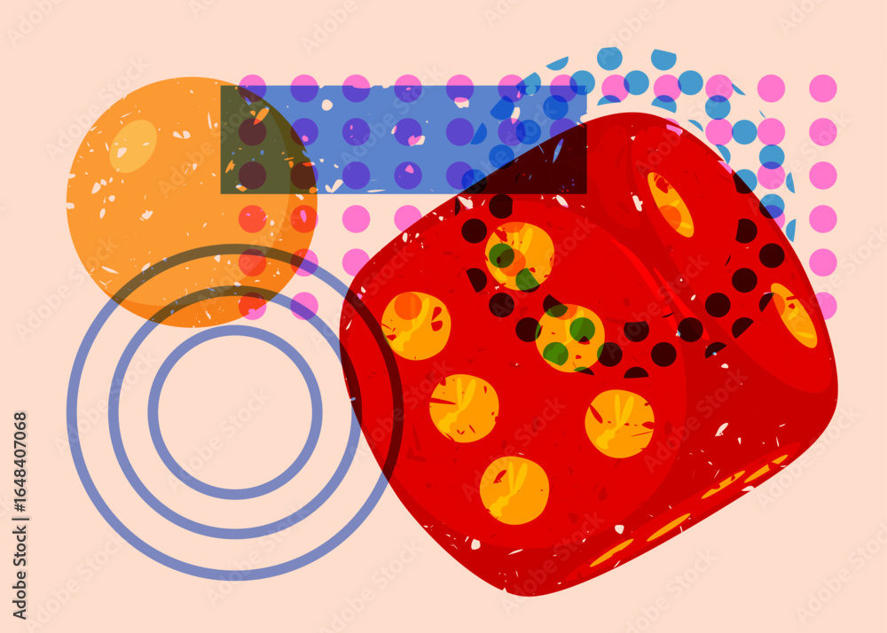 Poster risograph dice with geometric shapes. objects in trendy riso graph print texture style design with g