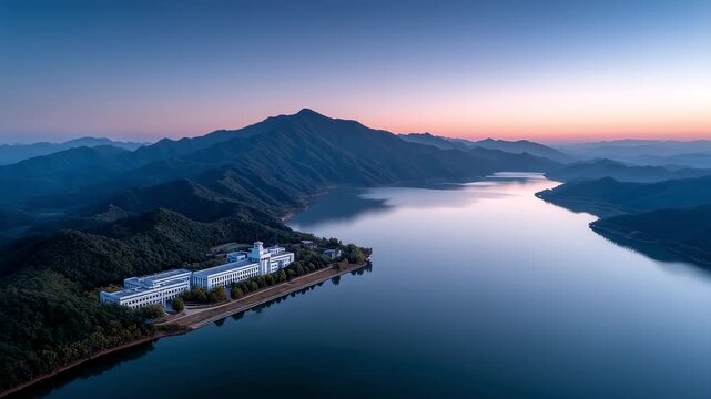 Serene Lakeside Mountain Reflection Architecture Aesthetic
