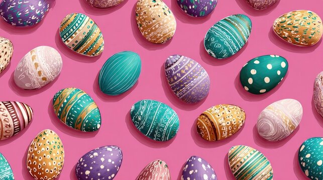 Easter eggs, various designs, vibrant colors, on a pink background - Powered by Adobe