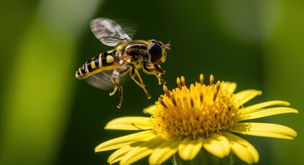 A macro shot of a hoverfly in flight approaching a yellow flower to pollinate
