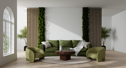 Stylish living area design promoting comfort and nature-inspired elements. 3D render illustration