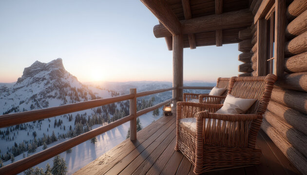 Cozy wicker chair on wooden balcony of cabin overlooking snowy mountain at sunrise with peaceful winter lifestyle atmosphere and soft natural light