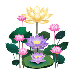 Vibrant collection of blooming lotus flowers in various colors isolated on black background isolated on white background isolated on transparent background silhouette