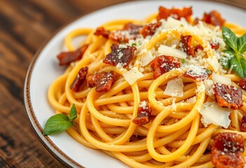Fototapeta premium Close-up of spaghetti carbonara with crispy pancetta and parmesan cheese, close up, comfort food