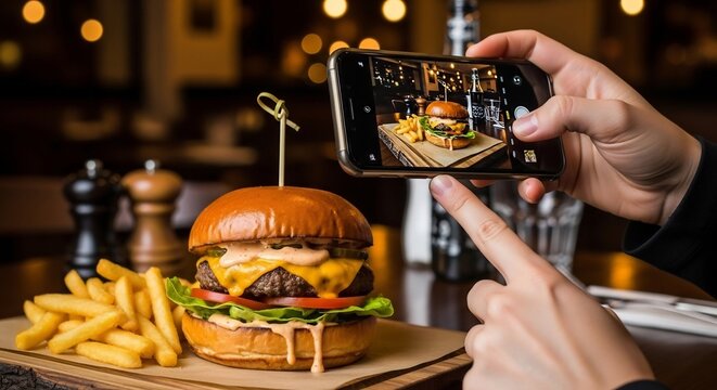 A person taking a photo of a burger with their phone, showcasing the burger, fries, and restaurant setting - Powered by Adobe