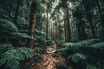 Lush forest path, ferns, and towering trees