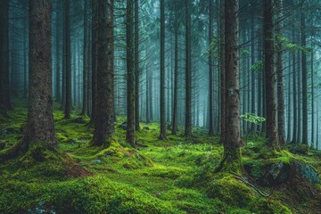 Fototapeta premium Misty forest with tall, dense trees and moss-covered ground