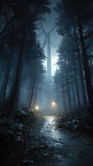 Dark forest path leads to a tall wind turbine under a dim sky