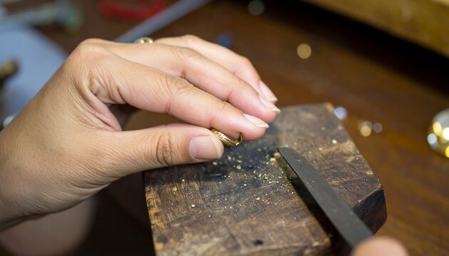 Close-up of hands meticulously filing a gold ring on a wooden workbench - Powered by Adobe