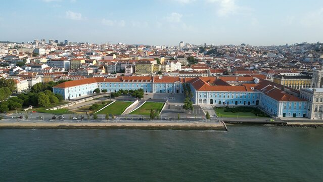 Aerial view from tejo river and Lisbon riverside.