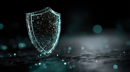 A glowing, abstract shield surrounded by sparkling particles on a dark background, symbolizing protection and security.