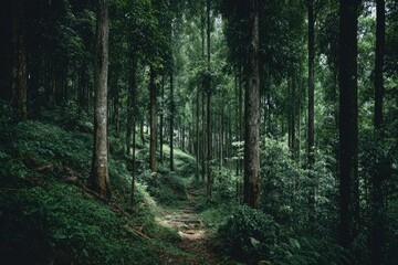 Obraz premium Lush, green forest path winding through dense trees