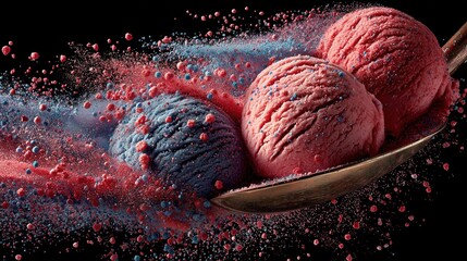 Colorful Candy Bits Falling on Strawberry Ice Cream Scoops, Frozen Motion with Bold Shadows and Contrast, White Background for Dessert Ads, Social Media Content or Snack Packaging
