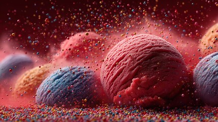 Colorful Candy Bits Falling on Strawberry Ice Cream Scoops, Frozen Motion with Bold Shadows and Contrast, White Background for Dessert Ads, Social Media Content or Snack Packaging