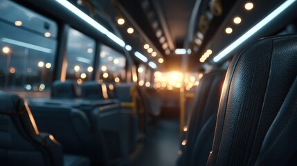 A dimly lit bus interior showcasing leather seats with warm lighting, creating a cozy and inviting atmosphere.