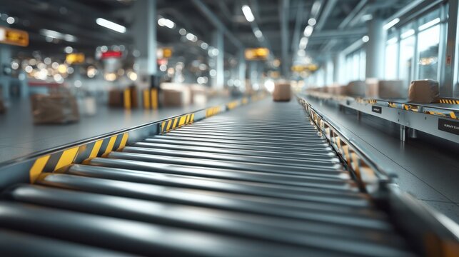 A conveyor belt system in a warehouse, designed for sorting and transporting packages efficiently.