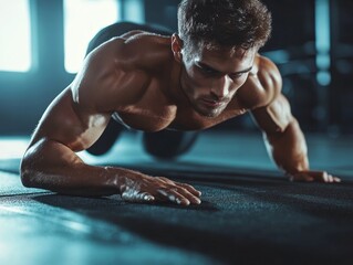 Muscular Man Performing One Handed Plank Exercise in Dark Gym