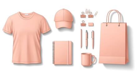 Collection of blank pink corporate identity items for branding. Realistic vector template of promotional merchandise and office supplies.