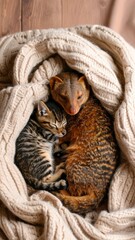 Obraz premium Adorable companions: Mongoose and kitten cuddling sweetly in knitted blanket