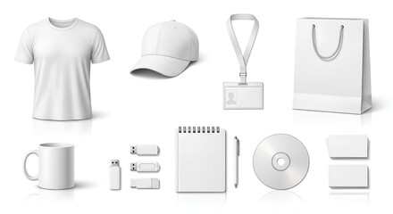 Blank promotional merchandise set T-shirt, cap, bag, mug, USB, notebook, CD, and more. Mockup
