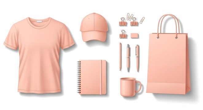 Collection of blank pink corporate identity items for branding. Realistic vector template of promotional merchandise and office supplies.