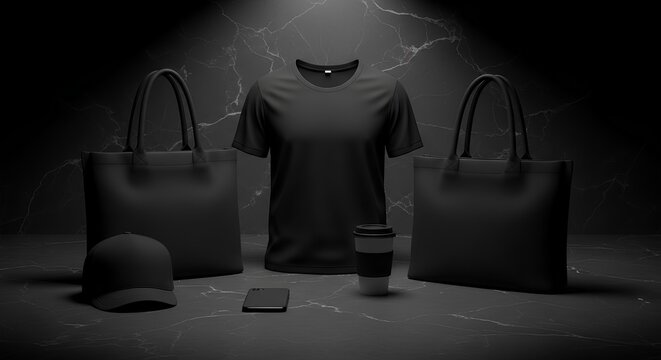 Elegant black merchandise collection mockup for branding and corporate identity on a dark background.
