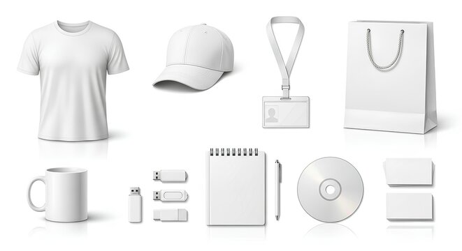Blank promotional merchandise set T-shirt, cap, bag, mug, USB, notebook, CD, and more. Mockup
