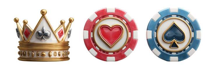 Crown and Poker Chips Isolated on Transparent Background for Design